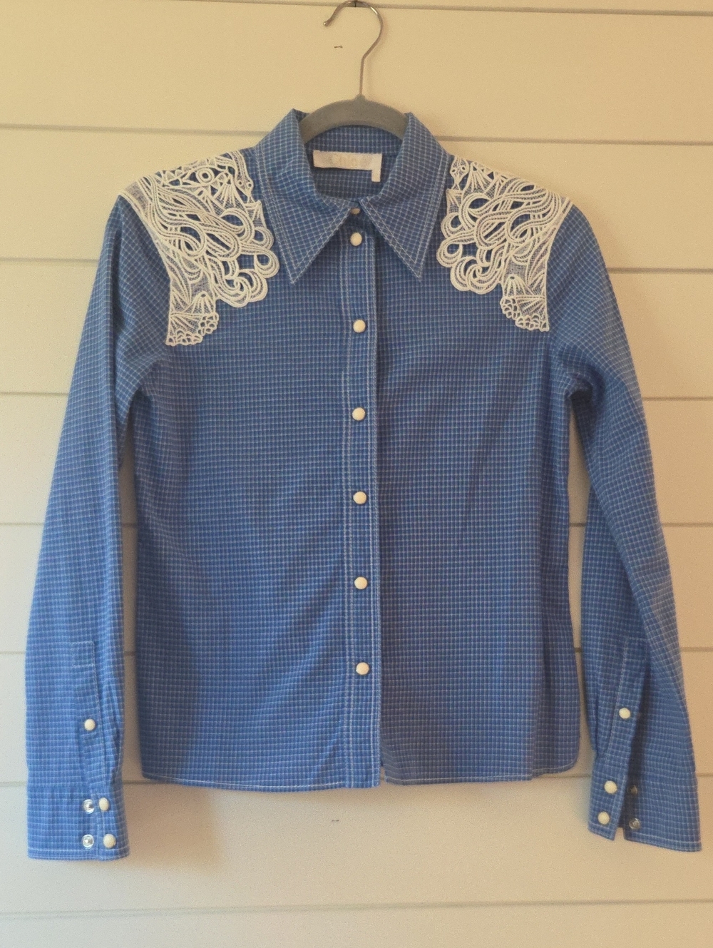 Chloé Blue Check Lace-Shoulder Shirt Size 38/4